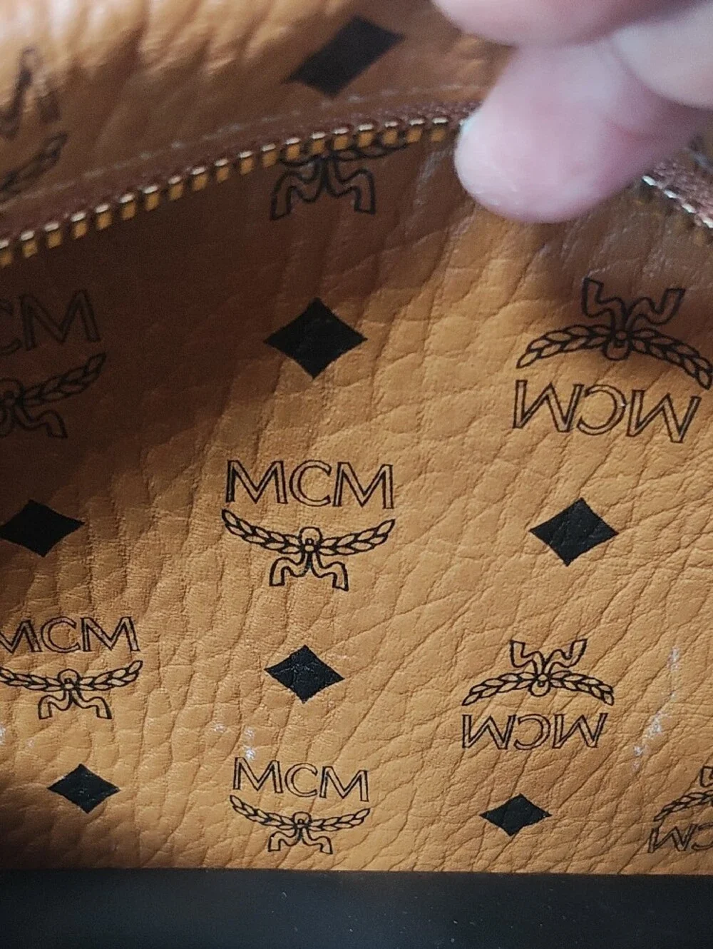 MCM Cognac Logo Print Leather Backpack with Gold Plate